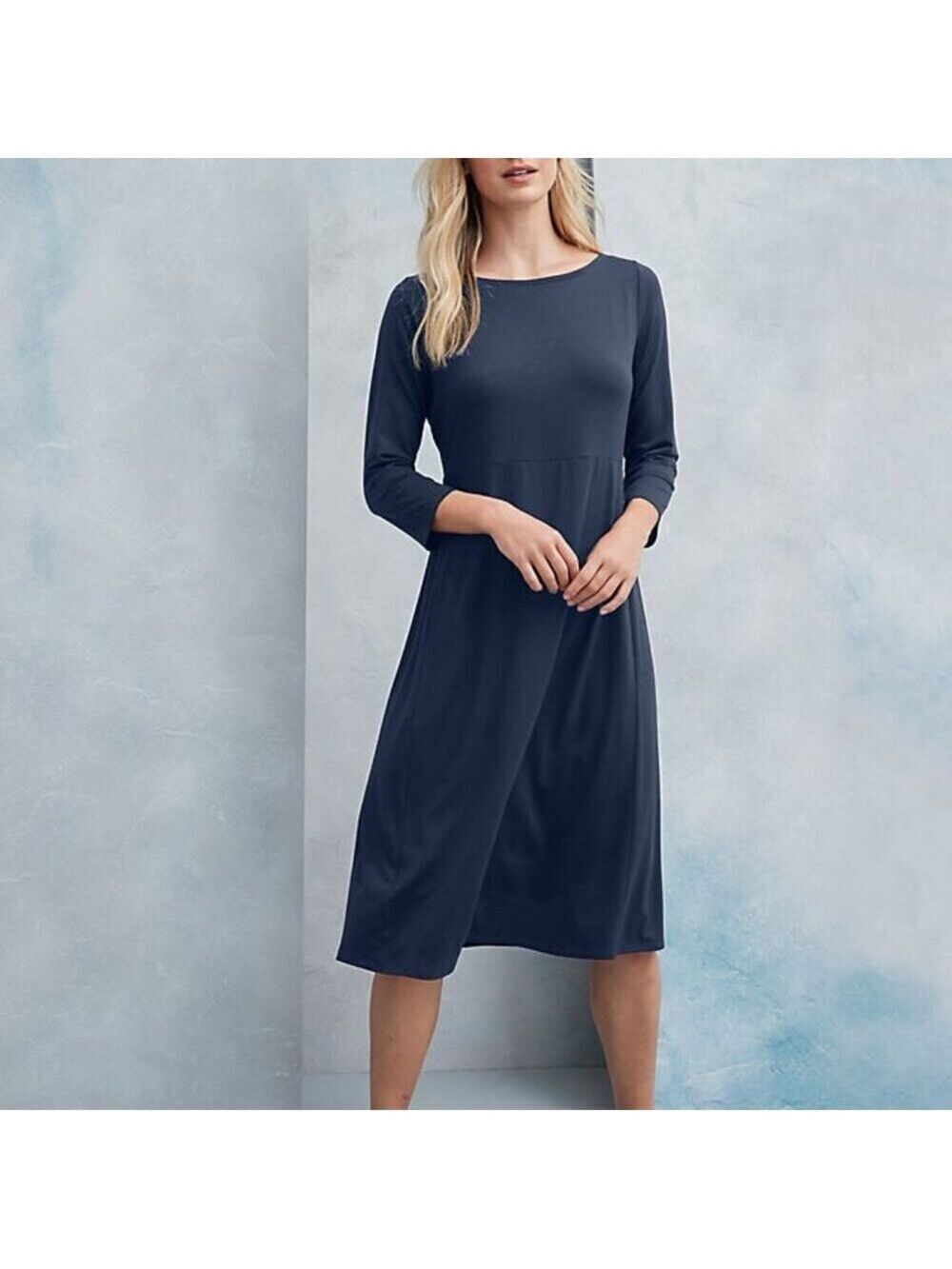 Eileen Fisher Ocean Blue Stretch-Jersey 3/4 Sleeve Bateau-Neck Midi Dress Size L